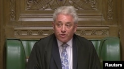 Speaker of the House of Commons John Bercow announces the results of a round of voting on alternative Brexit options at the House of Commons in London, Britain, April 1, 2019, in this still image taken from video.