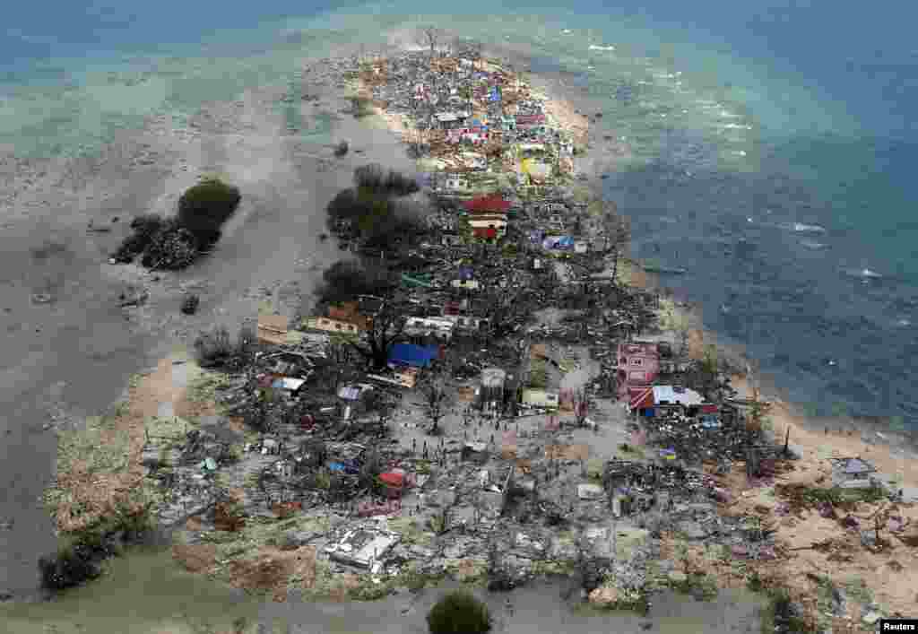 An aerial view of a coastal town, devastated by super Typhoon Haiyan, in Samar province in central Philippines.