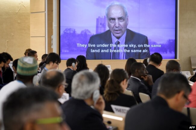United Nations Special Rapporteur on Palestine, Michael Lynk delivers a video message on May 18, 2018 in Geneva, during a special session of the UN Human Rights Council.