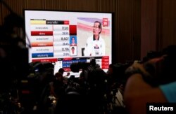 Reporters wait for the general election results in Bangkok, Thailand, March 24, 2019.