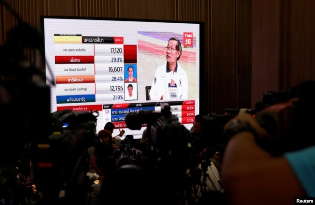 FILE - Reporters wait for the general election results in Bangkok, Thailand, March 24, 2019.