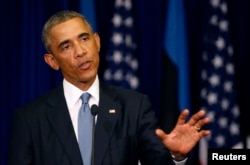 U.S. President Barack Obama talks during a press conference at the Bank of Estonia in Tallinn, Estonia, Sep. 3, 2014.