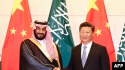 Saudi Arabia's Deputy Crown Prince Mohammed bin Salman (L) and Chinese President Xi Jinping (R) pose for photographs during a meeting at the Diaoyutai State Guesthouse in Beijing on August 31, 2016.