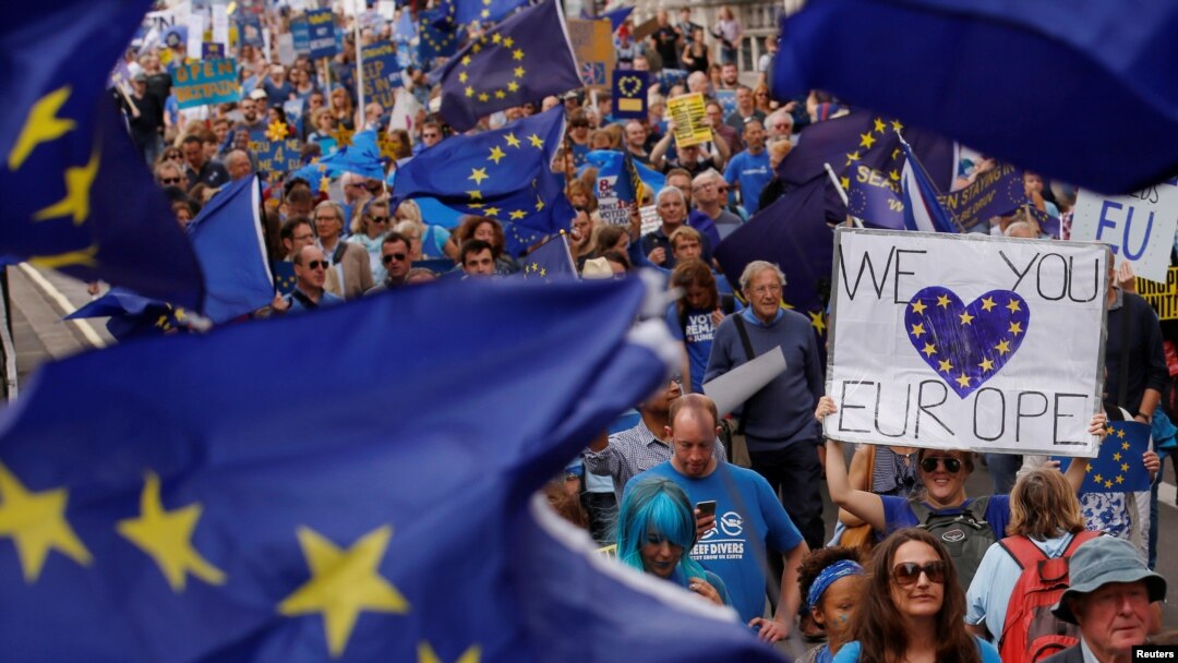 FILE - Pro-Europe demonstrators protest during a "March for Europe" against the Brexit vote result earlier in the year, in London, Sept. 3, 2016. 