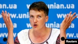 Ukrainian pilot and MP Nadiya Savchenko attends a news conference in Kyiv, August 2, 2016. 