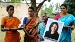 Women gather to celebrate the victory of Kamala Harris in Painganadu near the village of Thulasendrapuram, where Harris' maternal grandfather was born and grew up, in the southern state of Tamil Nadu, India, Nov. 8, 2020.