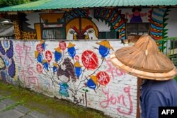 A local resident walks past a house painted by Hakka graffiti artist Wu Tsun-hsien in the Taiwanese village of Ruan Chiao, March 30, 2019.