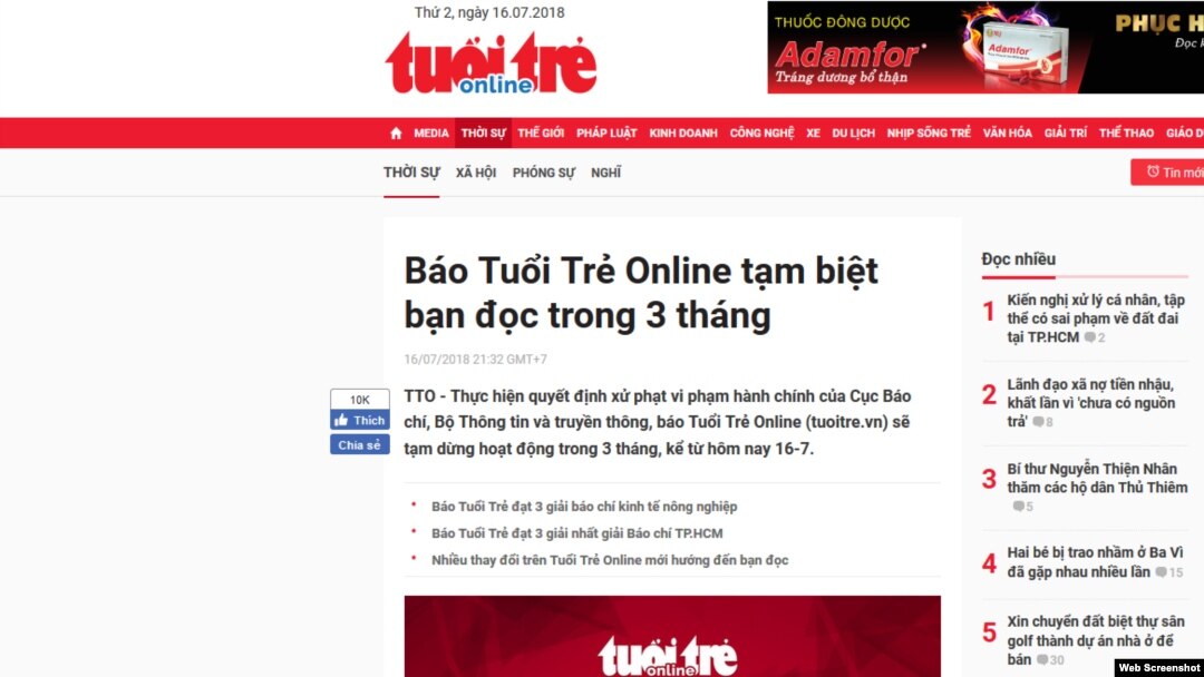 Báo Tuổi Trẻ Online tạm biệt độc giả trong 3 tháng.