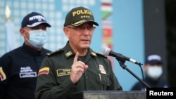 FILE - Colombia's national police director, Gen. Jorge Luis Vargas, speaks during a news conference in Bogota, Colombia, July 15, 2021. 