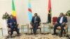 Denis Sassou Nguesso, président du Congo-Brazzaville, à gauche, Joao Manuel Gonçalves Lourenço de l’Angola, à droite, et Joseph Kabila, de la RDC, lors d’une tripartite à Kinshasa, RDC, 14 février 2018. (Twitter/RDC présidence)