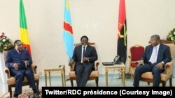 Denis Sassou Nguesso, président du Congo-Brazzaville, Joseph Kabila, de la RDC et Joao Manuel Gonçalves Lourenço de l’Angola lors d’une tripartite à Kinshasa, RDC, le 14 février 2018. (Twitter/RDC présidence)