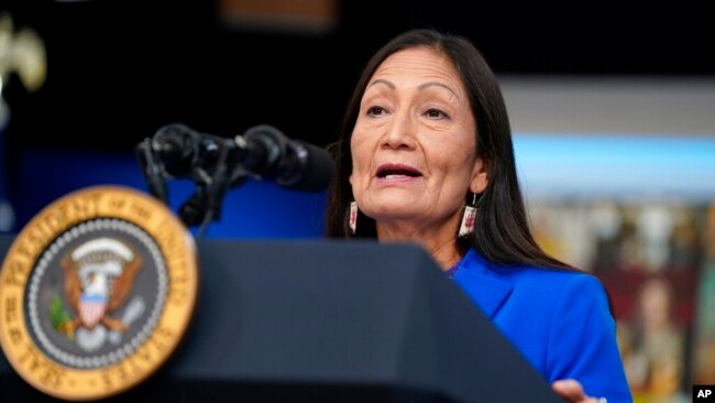 FILE - Interior Secretary Deb Haaland speaks during a Tribal Nations Summit during Native American Heritage Month, in the South Court Auditorium on the White House campus, on Nov. 15, 2021, in Washington.