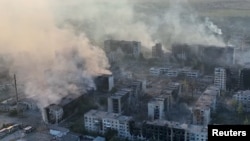 A drone view shows damaged property in Vovchansk, Kharkiv region, Ukraine, on June 2, 2024. (United Assault Brigade of the National Police of Ukraine via Reuters)