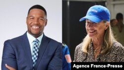 This combination of pictures created Nov. 23, 2021, shows Good Morning America co-anchor Michael Strahan and Laura Shepard Churchley, the eldest daughter of NASA asronaut Alan Shepard, the first American to travel to space. (Handout/Blue Origin / AFP) 