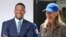 This combination of pictures created Nov. 23, 2021, shows Good Morning America co-anchor Michael Strahan and Laura Shepard Churchley, the eldest daughter of NASA asronaut Alan Shepard, the first American to travel to space. (Handout/Blue Origin / AFP) 
