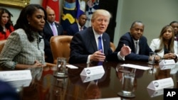 President Donald Trump speaks during a meeting on African American History Month in the Roosevelt Room of the White House in Washington, Feb. 1, 2017. 