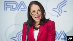 FILE - Margaret Hamburg, Commissioner of the U.S. Food and Drug Administration, speaks at a news conference at the National Press Club in Washington, Feb. 4, 2014.