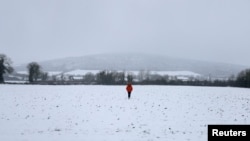 A person walks a snowy field near Darbyshill, Ireland, Jan. 5, 2025.