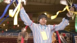 A Navajo boy performs a tribal dance at Ganado High School in Arizona