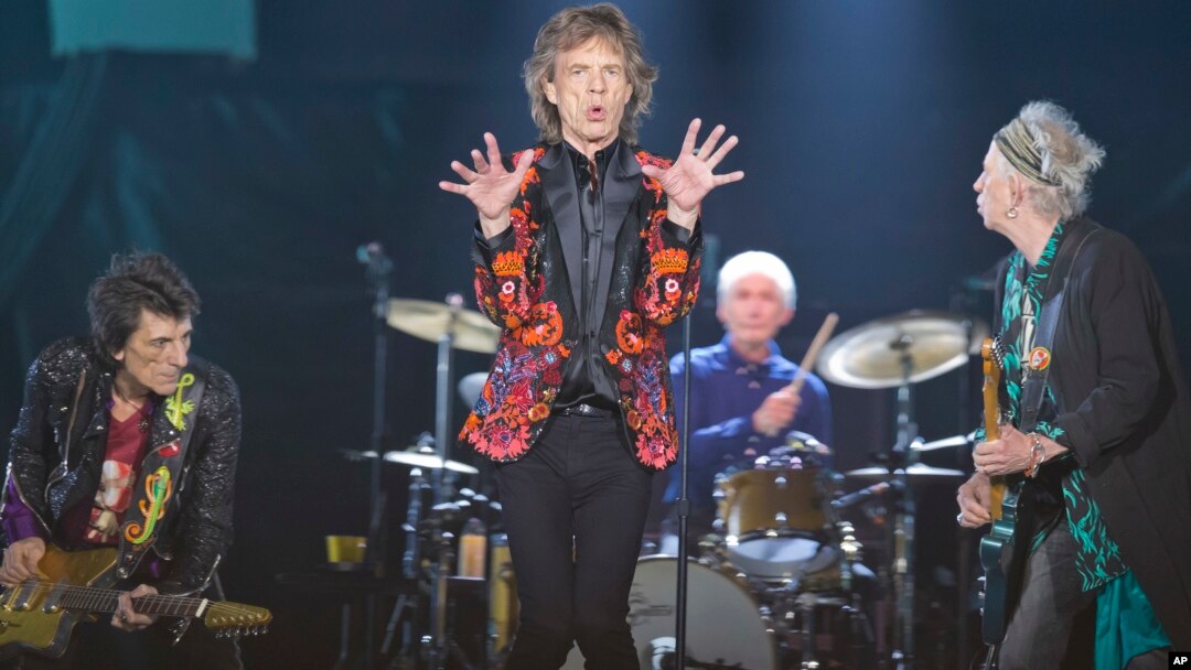 From left, Ronnie Wood, Mick Jagger, Charlie Watts and Keith Richards of the Rolling Stones perform during their 'No Filter' Europe Tour 2017 stop at U Arena in Nanterre, outside Paris, Oct. 22, 2017. 