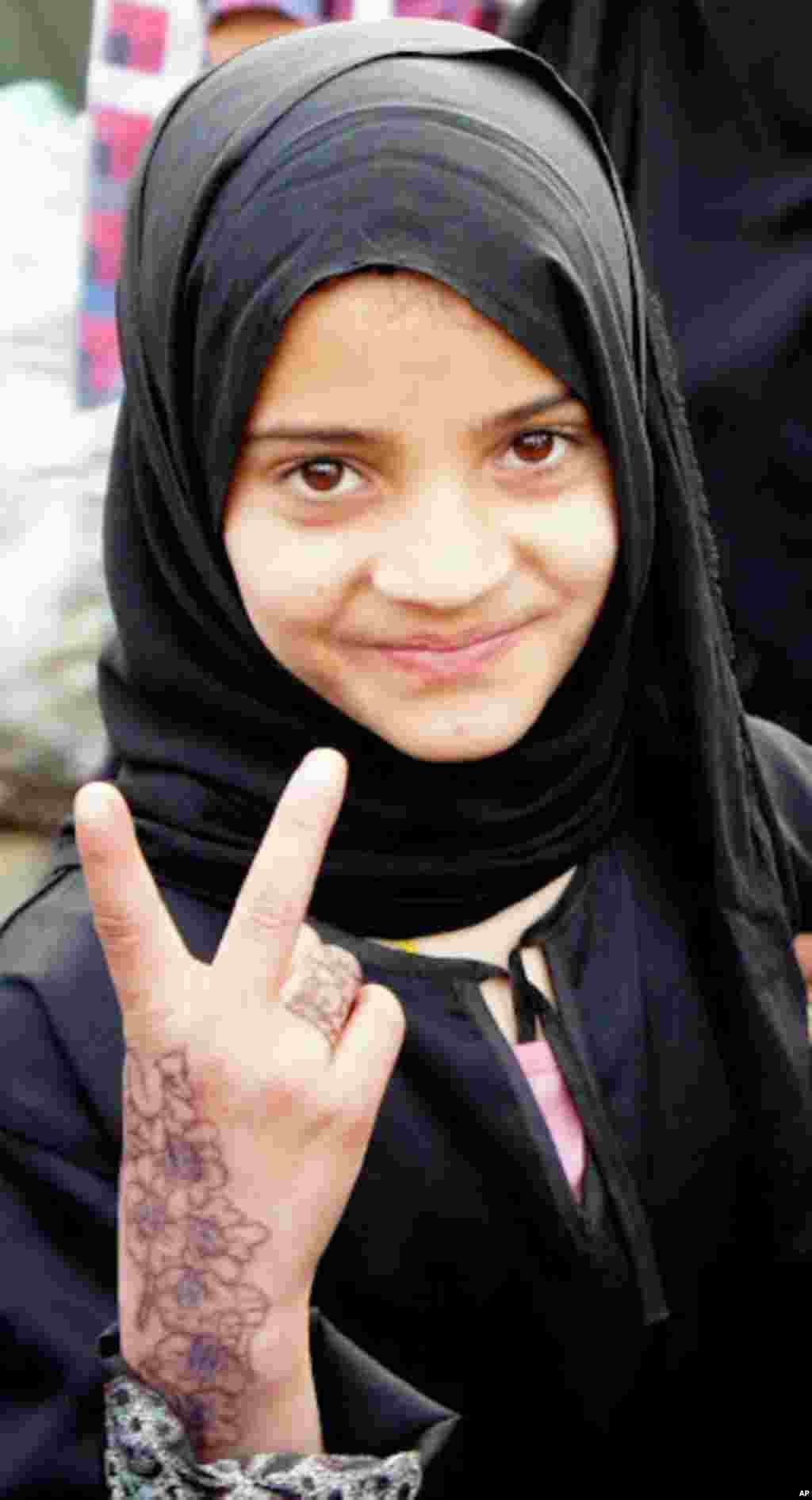 Young girls are among the protesters who remain camped out in central Sana'a demanding lasting change. February 20, 2012. (VOA- E. Arrott)