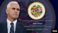 Vis Prezidan Mike Pence pandan li t ap fè yon diskou nan Oganizasyon Eta Ameriken yo (OEA) nan dat 21 mas 2018 la.