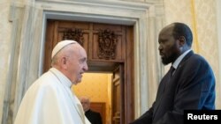 FILE - Pope Francis attends an audience with the President of South Sudan Salva Kiir at the Vatican, March 16, 2019. (Vatican Media/Handout via REUTERS)