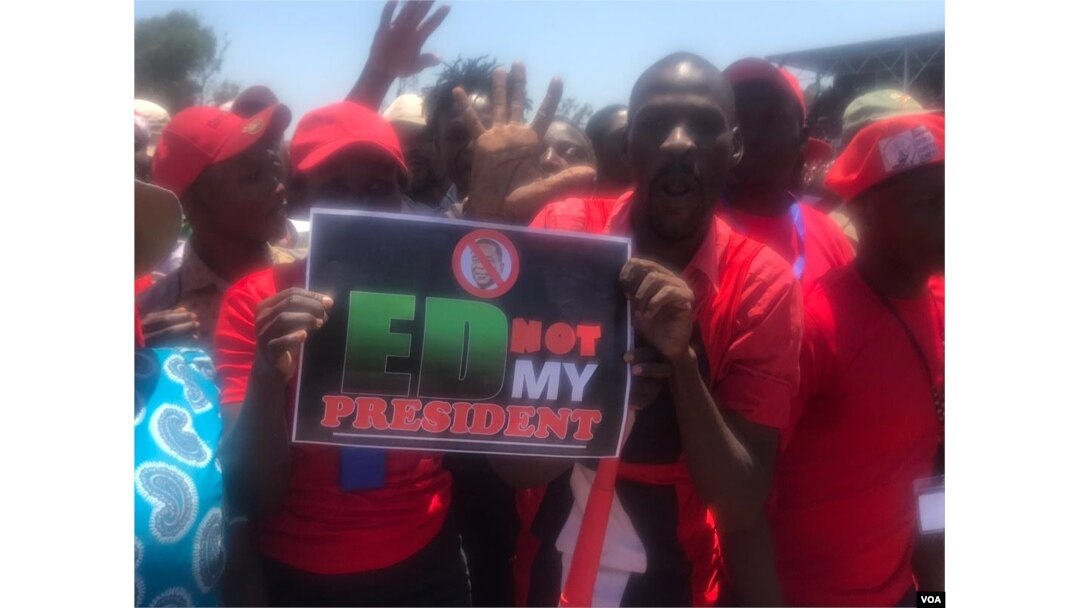 MDC supporters displaying a placard written 'ED (Emmerson Mnangagwa) Not My President' at a rally Saturday in Harare, 27 October, 2018