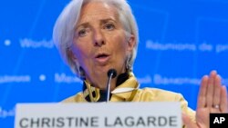 International Monetary Fund (IMF) Managing Director Christine Lagarde speaks during a news conference at the World Bank/IMF Spring Meetings in Washington, Thursday, April 19, 2018. 