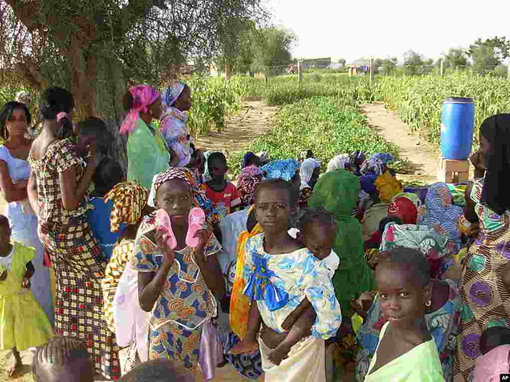 Children and women inside the garden at the Wendou Bosseabe refugee camp, Senegal, October 26, 2011. (VOA - A. Fortier)