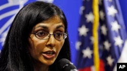 US Assistant Secretary of State for South and Central Asian Affairs Nisha Biswal speaks during a media briefing in Colombo, Sri Lanka, Feb. 1, 2014. 