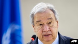 O Secretário-Geral da ONU, António Guterres, discursa na abertura da 58.ª sessão do Conselho dos Direitos Humanos das Nações Unidas, em Genebra, a 24 de fevereiro de 2025.