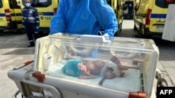 在拉法过境点埃及一侧，一名埃及医务人员把从加沙转移出来的早产婴儿推上救护车。(2023年11月20日)