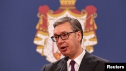 Predsednik Srbije Aleksandar Vučić na zajedničkoj konferenciji za medije sa poljskim premijerom Donaldom Tuskom (REUTERS/Marko Djurica)