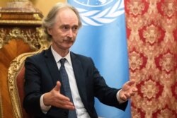 FILE - United Nations Special Envoy for Syria Geir Pedersen talks in Moscow, Russia, Jan. 24, 2020.