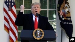 President Donald Trump speaks in the Rose Garden of the White House, Jan 25, 2019, in Washington.