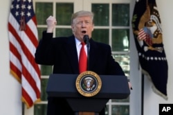 President Donald Trump speaks in the Rose Garden of the White House, Jan 25, 2019, in Washington.