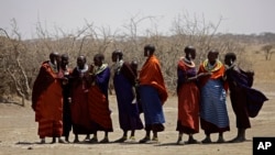 FILE - Maasai tribeswomen gather at a village on the outskirts of the Serengeti, in northern Tanzania, Aug. 12, 2013. Commercial deals in agribusiness, tourism and mining have displaced thousands of people in Tanzania and Mozambique over the last decade, according to the World Resources Institute.
