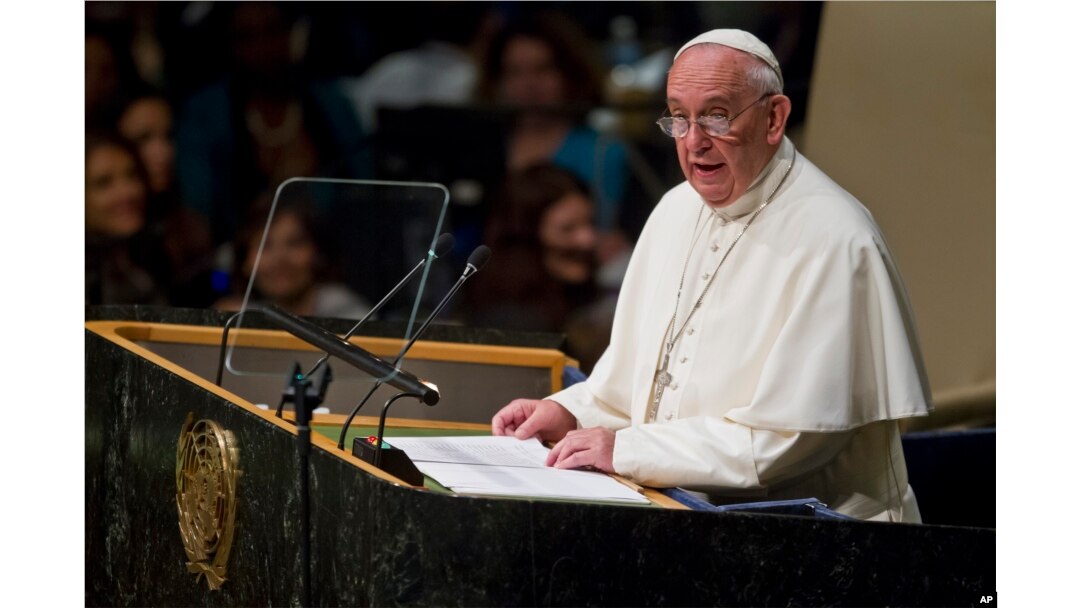 Pope Francis addresses the 70th session of the United Nations General Assembly, Sept. 25, 2015 at United Nations headquarters.