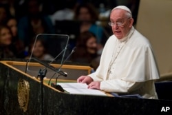 Pope Francis addresses the 70th session of the United Nations General Assembly, Sept. 25, 2015 at United Nations headquarters.