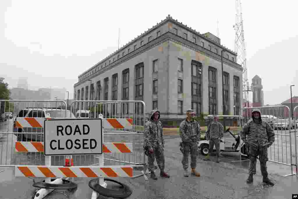 Army National Guard soldiers guard a communications facility, before the Republican National Convention, July 16, 2016 in Cleveland, Ohio.