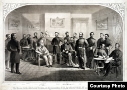 Nghi thức đầu hàng của Tướng Robert E. Lee (ngồi bên trái) tại Appomatox Court House Virginia, ngày 9-4-1865 (hình của The Major)