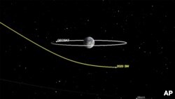 This image from video made available by NASA's Center for Near-Earth Object Studies shows the path of asteroid 2020 SW as it safely passes Earth, Sept. 24, 2020.