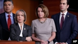 House Minority Leader Nancy Pelosi of California, center, joined by, from left, Rep. Tony Cardenas, D-Calif., Rep. Michelle Lujan Grisham, D-N.M., and Rep. Ruben Kihuen, D-Nev., speaks during a news conference on Capitol Hill, Feb. 16, 2017, after a closed-door briefing with acting director of Immigration and Customs Enforcement Thomas Homan. 