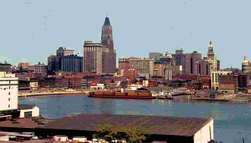 In stark contrast, the pre-development Inner Harbor and downtown skyline, c.1960, seen from approximately the same vantage point as the previous image.