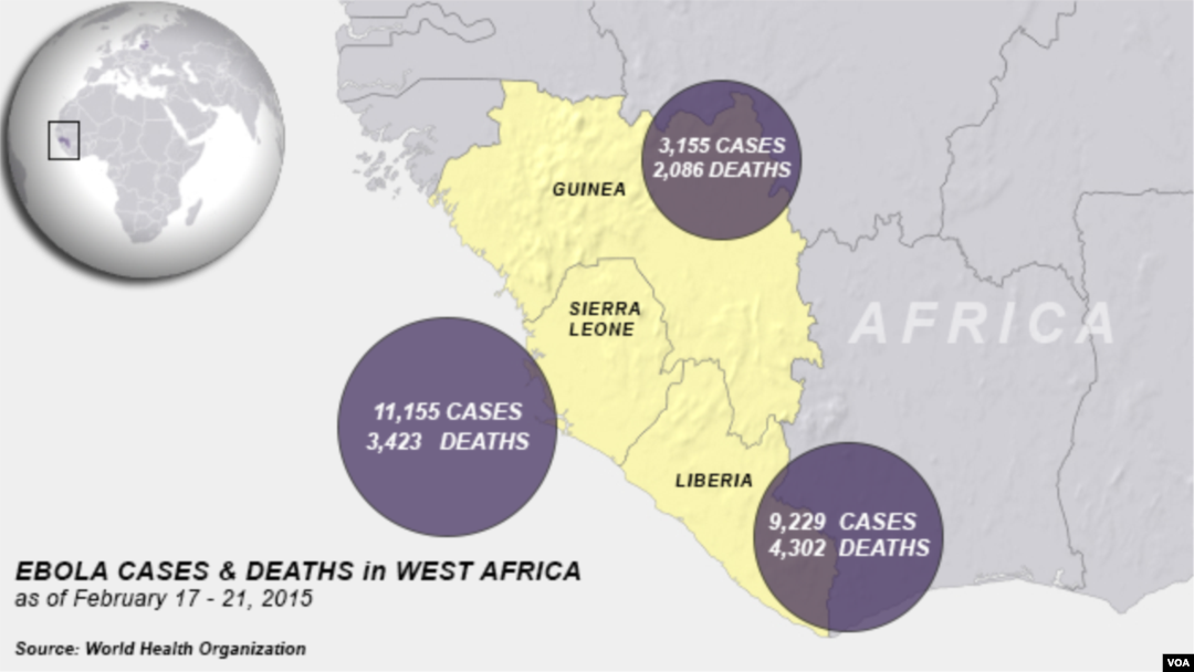 Ebola outbreaks, deaths in Africa, as of Feb. 17 - 21, 2015