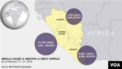 Ebola outbreaks, deaths in Africa, as of Feb. 17 - 21, 2015