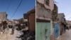 In this combination of photos, a man drives past damage from an earthquake in the town of Amizmiz, Morocco, near Marrakech, Sept. 10, 2023 and people walking down the same street on Sept. 4, 2024. 