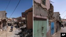 In this combination of photos, a man drives past damage from an earthquake in the town of Amizmiz, Morocco, near Marrakech, Sept. 10, 2023 and people walking down the same street on Sept. 4, 2024. 