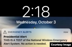 A mobile phone screenshot of the Emergency Alert sent by FEMA to all U.S. mobile users to test the National Wireless Emergency Alert System, Oct. 3, 2018. (Photo: Diaa Bekheet)